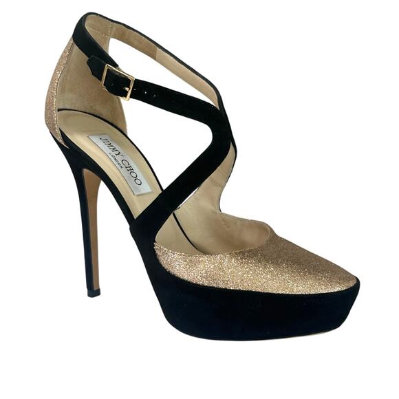 Jimmy Choo Black Suede & Gold Glitter Platform Pumps IT 39.5 US 9.5 - Picture 1 of 10
